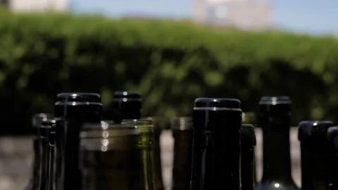 Empty dark glass bottles from wine. Sunny summer day. Close-up Stock Footage 132099536