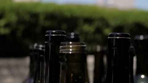 Empty dark glass bottles from wine. Sunny summer day. Close-up Stock Footage 132099679