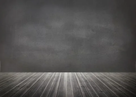Empty dark gray wall rising from wooden plank floor is creating linear Stock Photos