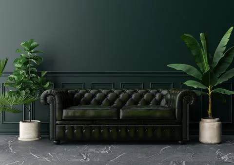 Empty dark green wall in modern living room. Mock up interior in classic styl Stock Photos