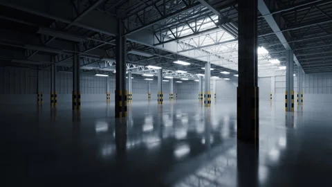 Empty dark industrial factory, interior of warehouse, 3d rendering. Stock Footage 346677844