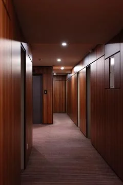 Empty dark interior of the modern Hotel corridor, with wood-paneled walls, el Stock Photos
