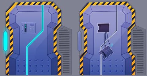 Empty dark lobby with sliding doors and broken lifts, combination lock panel Stock Illustration