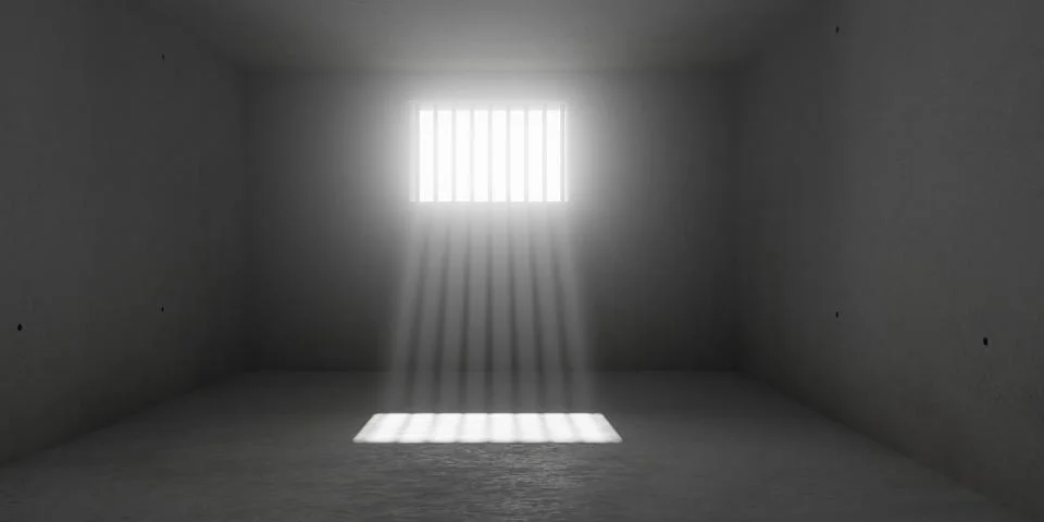 Empty, dark prison cell or gaol with sunlight rays through window with meta.. Stock Illustration