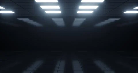 Empty Dark Room With Square Lights On Ceiling And Reflective Floor. 3D Render Stock Illustration