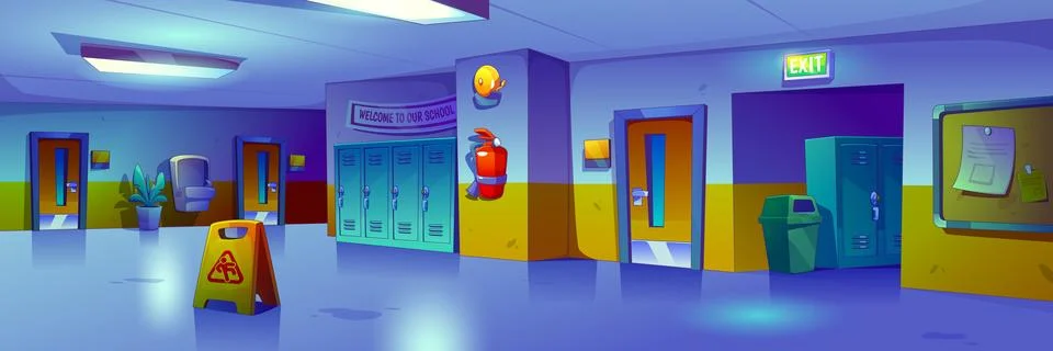 Empty dark school corridor at night. Stock Illustration