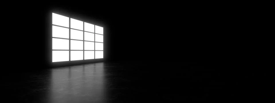 Empty dark space illuminated by a large rectangular lamp. Blurry reflections  Ilustración de archivo