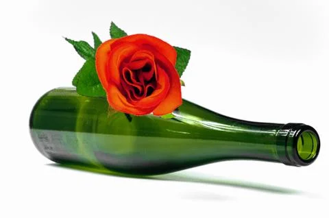 Empty dark wine bottle witk red rose on white background Stock Photos