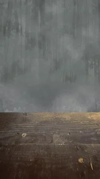 Empty dark wooden table surface with mysterious misty forest background, ee.. Stock Photos