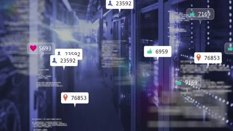 Empty data center aisle initiating code fading, reactions clustering then fading Stock Footage 329418351