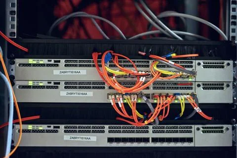 Empty, data center and cables in server room for information technology Stock Photos
