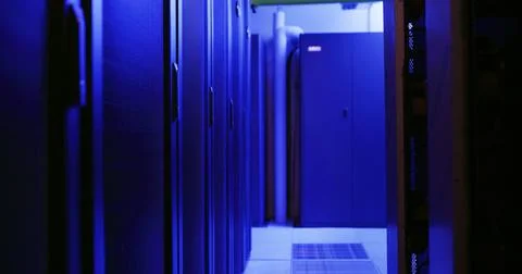 Empty, data center and storage interior in server room for IT, infrastructure Stock Photos