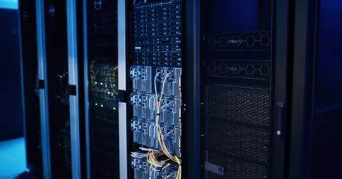 Empty data center, cables and storage in server room for IT, infrastructure and Stock Photos