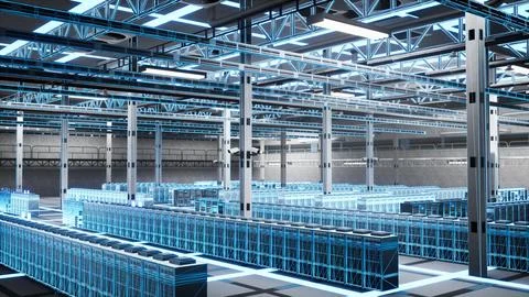 Empty data center server racks used for virtualization, blue wireframe overlay Foto stock