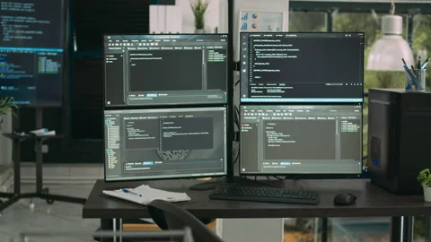 Empty data room with computer screens on desk Stock Footage 217407734
