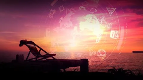 Empty deck chair on a background of orange sunset and tourist infographic. Illustrazione stock