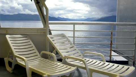 Empty Deck Chairs on Alaska Ferry in Southeast Voyage Cloudy Stock Footage 96413508