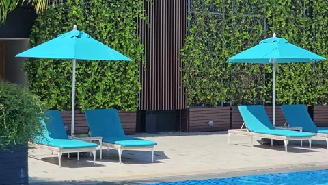 Empty deck chairs and umbrellas by the swimming pool. Coronavirus pandemic Stock Footage 237694454