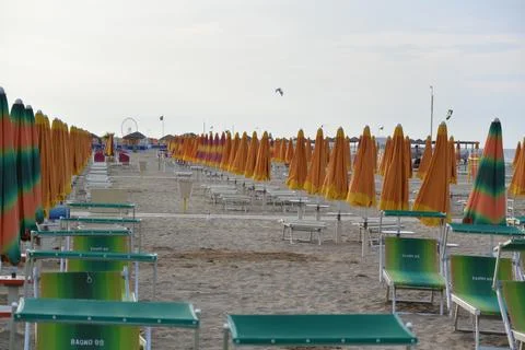 Empty deck chairs on the beach. Failure, tourist season crisis due to quarant Stock Photos