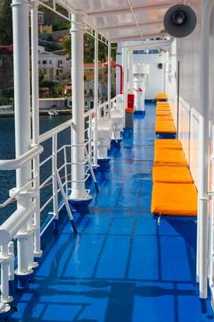 Empty deck chairs on an ocean liner Stock Photos