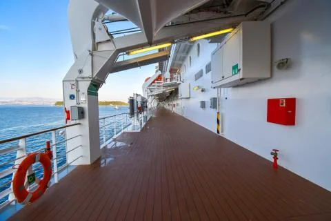 Empty deck of a large cruise ship at sea Stock Photos