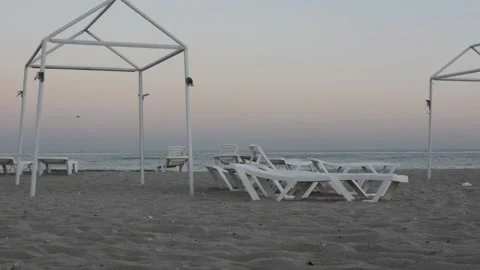 Empty Deckchairs On The Beach At The End Of The Bathing Season Stock Footage 139522250