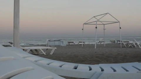 Empty Deckchairs On The Beach At The End Of The Bathing Season Stock Footage 139522265