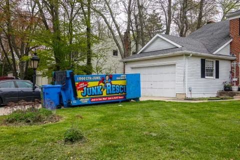 An empty decorated blue dumpster Stock Photos