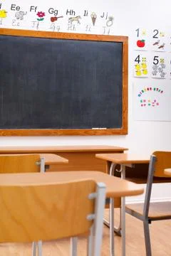 Empty, decorated elementary classroom Stock Photos