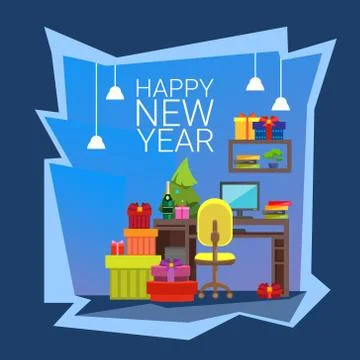 Empty Decorated Workplace Office Merry Christmas And Happy New Year Celebration Stock Illustration