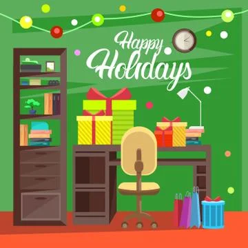 Empty Decorated Workplace Office Merry Christmas And Happy New Year Celebration Stock Illustration