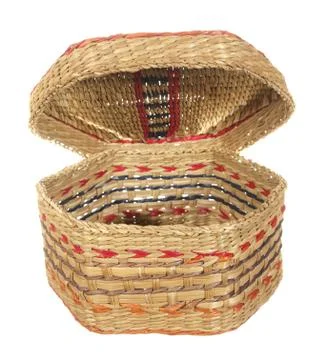 Empty decorative basket of hexagonal shape with an open lid isolated on white Stock Photos