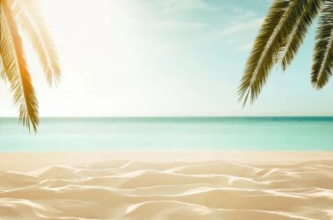 Empty, defocused tropical beach background with copy space Stock Photos