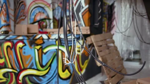 Empty derelict building with creative graffiti street art on walls Stockbeeldmateriaal 319521551
