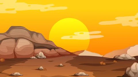 Empty desert forest landscape at sunset time scene Stock Illustration