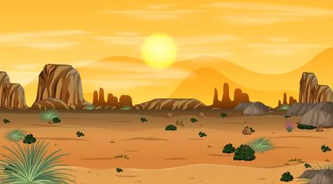 Empty desert forest landscape at sunset time scene Stock Illustration
