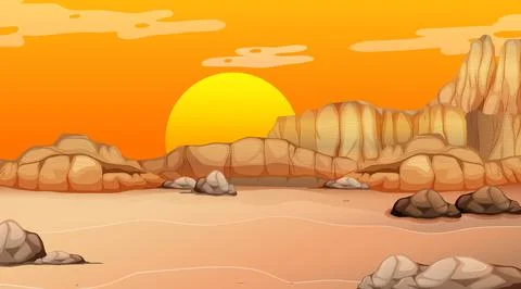 Empty desert forest landscape at sunset time scene Stock Illustration