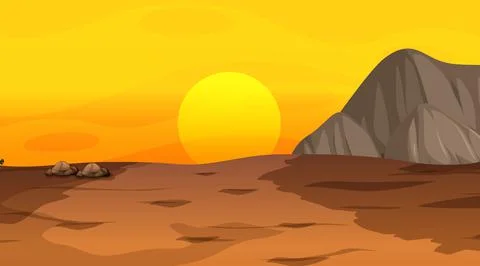 Empty desert forest landscape at sunset time scene Stock Illustration