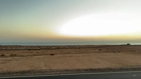 Empty Desert Railway Track &amp; Red Sea Horizon At Sunrise Stock Footage 337719309