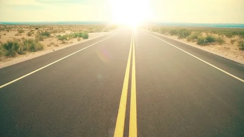 Empty Desert Road Middle Towards Hot Sun Flare Stock Footage 76003764
