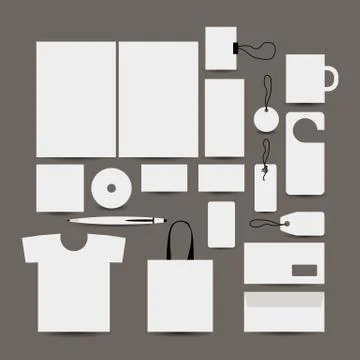 Empty design object: folder, bag, label, mug, cards, tshort, pen, envelope Illustrazione stock