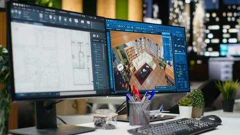 Empty design office with modern desk showcasing blueprint drafting Stock Photos
