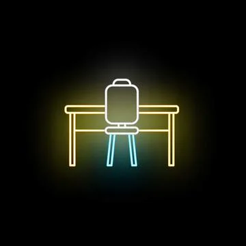 Empty desk and chair line neon icon glowing Stock Illustration