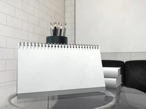 Empty desk calendar on table. Mockup design concept. 3D Stock Illustration