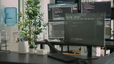 Empty desk with multiple monitors displaying server code and programming Foto stock