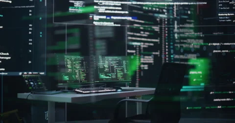Empty Desk with Multiple Screens with Code Stock Footage 243285528