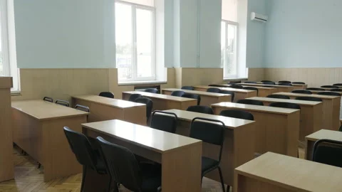 Empty Desks And Rostrum Of Classroom in University, College, School Stock Footage 204076291