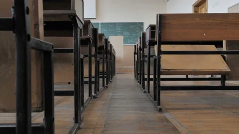 Empty Desks In Elementary School During Coronavirus Pandemic, Holidays Stock Footage 141605909