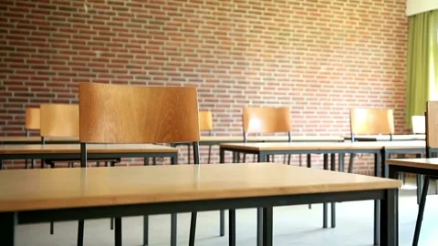 Empty Desks in School Classroom 4K for knowledge study, academic teaching and Stock Footage 256720287