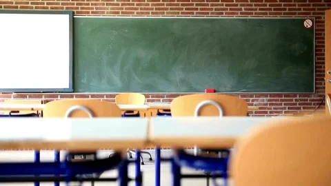 Empty Desks in School Classroom 4K for knowledge study, academic teaching and Stock Footage 256720362